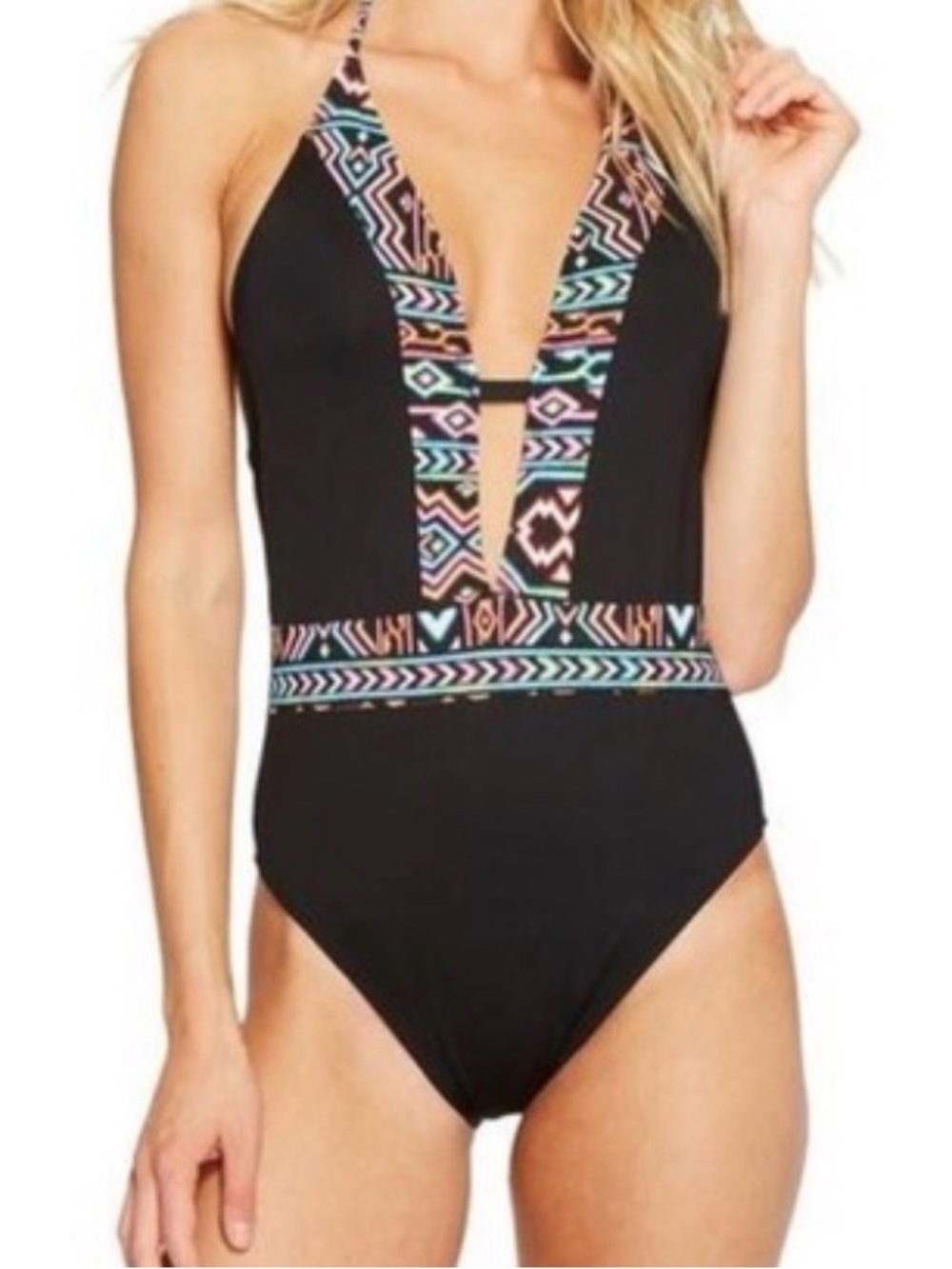 La Blanca Black One-Piece with Multicolor Tribal Trim